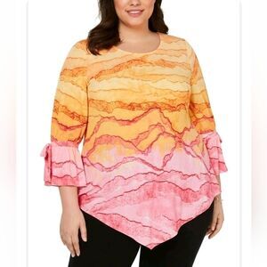 Alfani Women’s Printed V-Neck Blouse Pink Orange Ombre Plus Size XXL